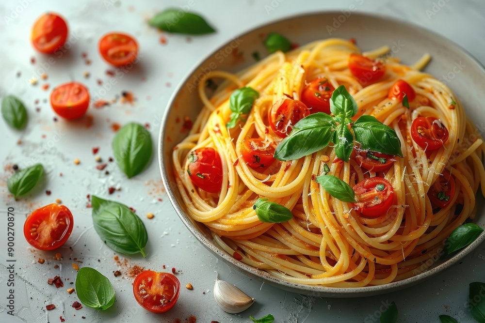 A plate of tomatoes and basil pasta A plate of tomatoes and basil pasta