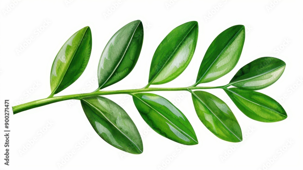 Naklejka premium Experience the beauty of isolated green leaves against a clean white backdrop, showcasing vibrant botanical watercolor art.
