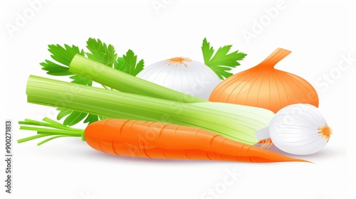 A vibrant watercolor illustration of sizzling onions, celery, and carrots, showcasing the essence of soffritto. Perfect for culinary art. photo