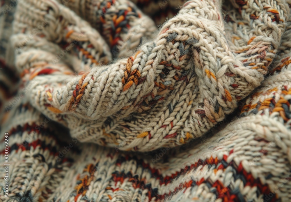 A close up of a cozy woolen sweater, highlighting the intricate knit pattern and texture A close up of a cozy woolen sweater, highlighting the intricate knit pattern and texture