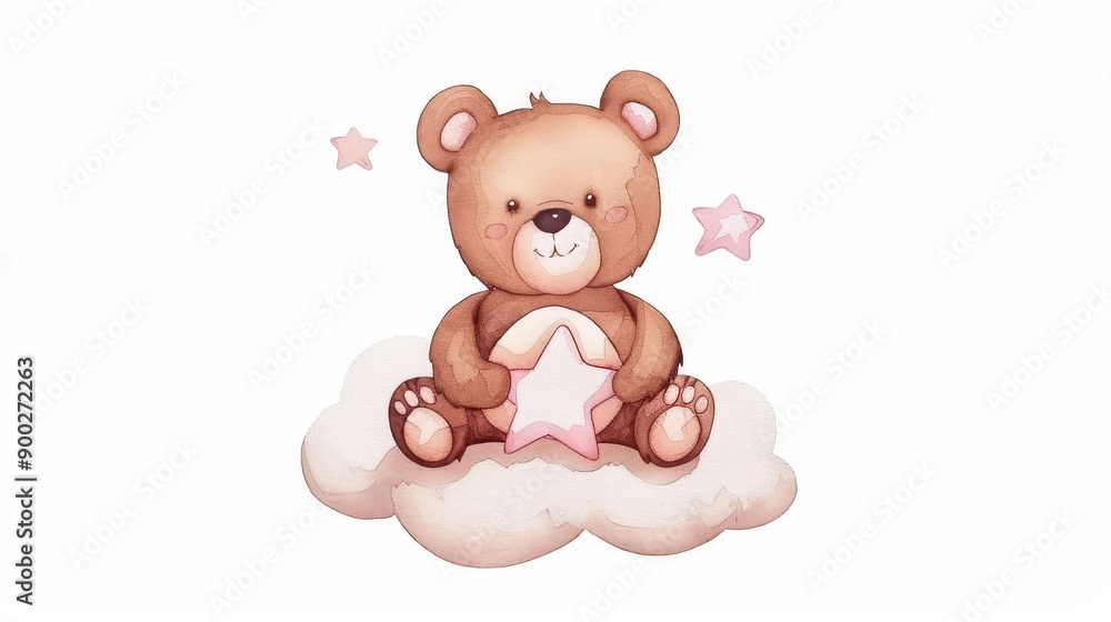 A sweet bear girl perches on a pink star, floating amidst soft clouds. Perfect for baby showers and cheerful kid decor A sweet bear girl perches on a pink star, floating amidst soft clouds. Perfect for baby showers and cheerful kid decor