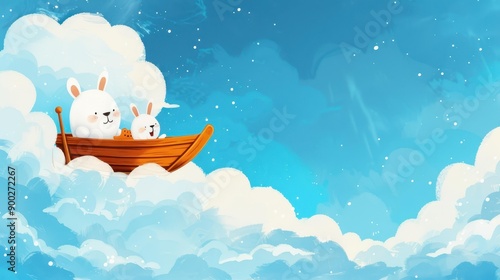 A charming bear and bunny explore the skies in a quaint wooden boat, sailing through fluffy clouds. Vintage watercolor art.