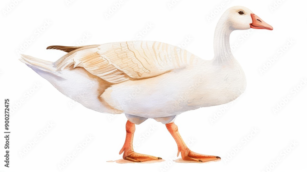 A lifelike depiction of a domestic goose set against a crisp white background, showcasing the beauty of watercolor artistry. A lifelike depiction of a domestic goose set against a crisp white background, showcasing the beauty of watercolor artistry.
