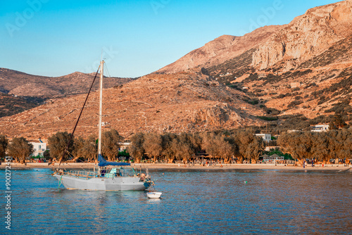 The waterfront of Aegiali in the sunset. Aegiali is a seaside village and a popular tourist destination in Amorgos, the easternmost island of the Cyclades Archipelago in the Aegean Sea, in Greece
