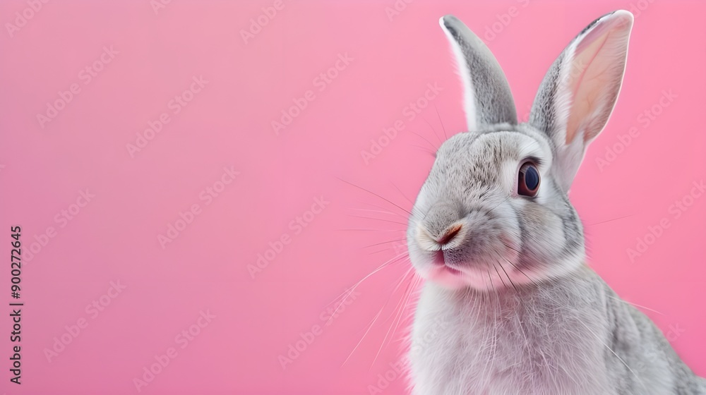 Cute Gray Rabbit on Pink Background