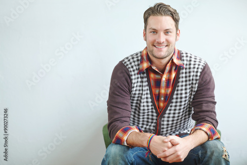 Man, retro fashion and happy portrait with confidence for funky shirt, fabric and mockup. Male person, smile and designer for vintage clothes with white wall space, quirky and pride in Canada