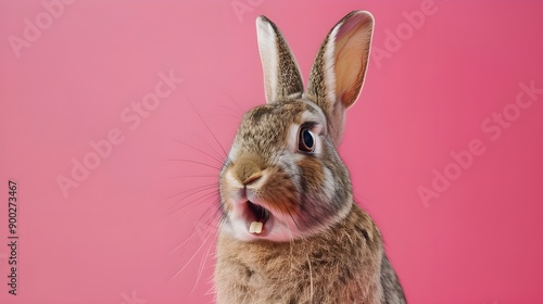 Cute bunny with open mouth on pink background