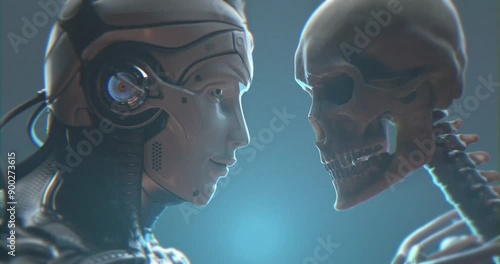 Closeup shot of Robot staring at human skeleton, AI dominance, digital life vs humankind, 3d render
