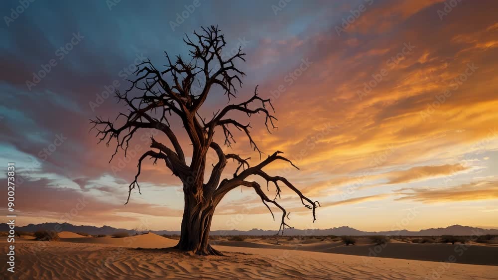A single Joshua tree stands tall against a backdrop of rolling sand dunes and a dramatic sunset sky. A single Joshua tree stands tall against a backdrop of rolling sand dunes and a dramatic sunset sky.