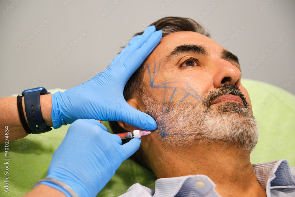 A man is getting a procedure done on his face. A man is getting a cheekbone filler or cheek Botox.
