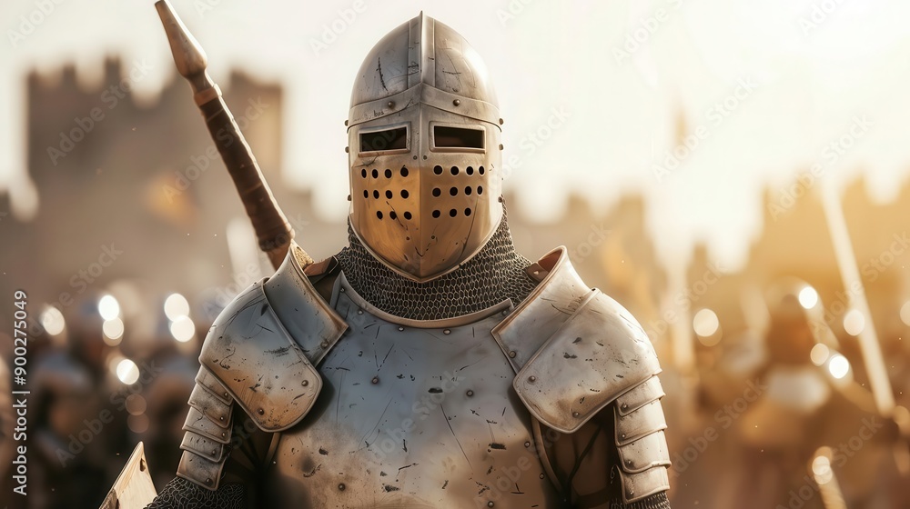 Medieval knight in full armor stands ready for battle at sunrise, with castle and other knights in the background. Medieval knight in full armor stands ready for battle at sunrise, with castle and other knights in the background.