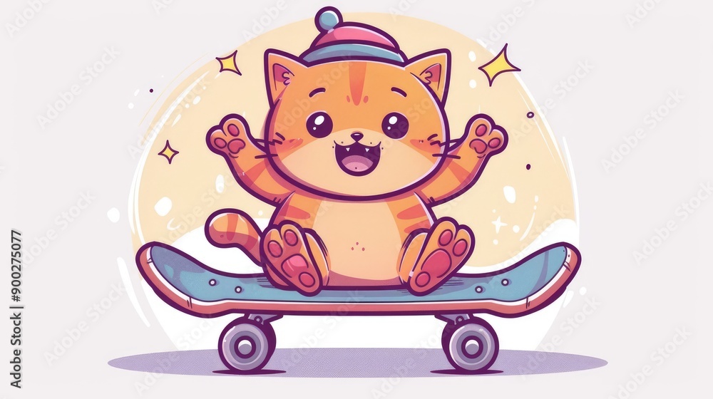 Fototapeta premium Cute cat Playing Skateboard animal kawaii chibi character mascot