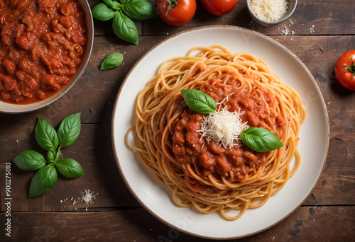 A top-down view of a delicious plate of spaghetti in a rich tomato sauce. The dish is garnished with fresh basil leaves and a sprinkle of grated parmesan cheese. 