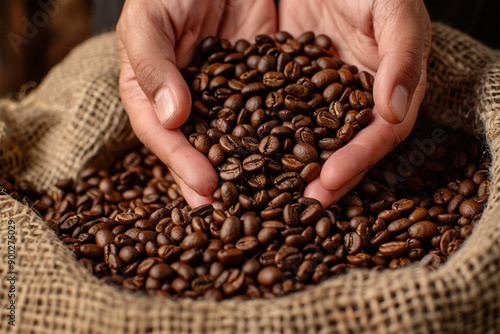 hand showing coffee beans on a sack Artificial Intelligence Generated