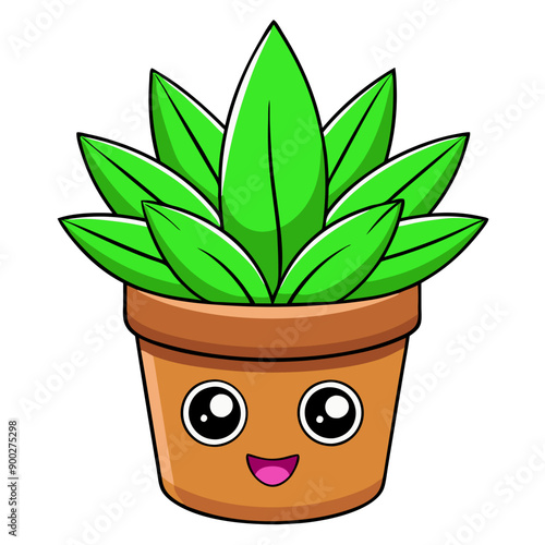 cartoon kawaii brown plant pot with cheerful face and lush green leaves, isolated, transparent