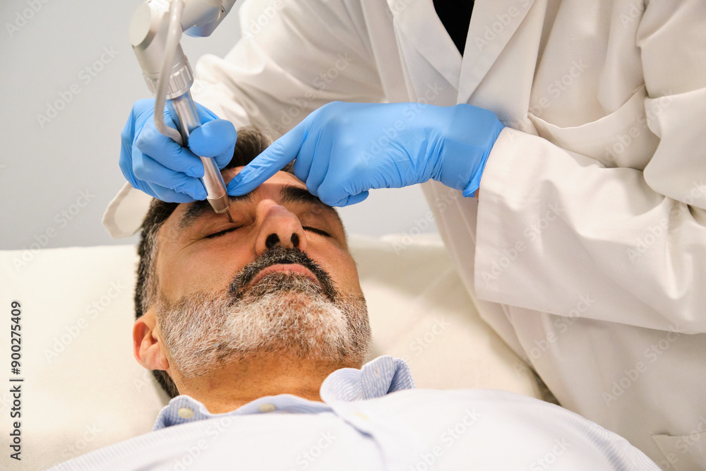 A man is getting a Non-Surgical Eyelid Lift or blepharoplasty, lifting laser eyelid.