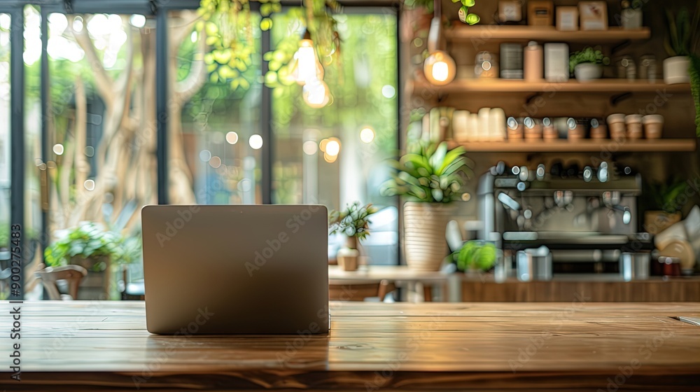 Sleek Laptop Placed on a Wooden Table in a Cozy Café Setting Sleek Laptop Placed on a Wooden Table in a Cozy Café Setting