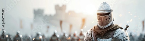 Medieval knight in shining armor stands in front of a castle and army, symbolizing bravery and strength in a historical setting.