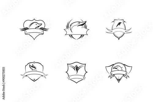 Bald Eagle’s logo set, labeled doodle line art vector design illustration.