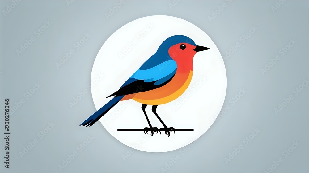 A stylized blue and orange bird perched on a branch against a white circle on a gray background. A stylized blue and orange bird perched on a branch against a white circle on a gray background.