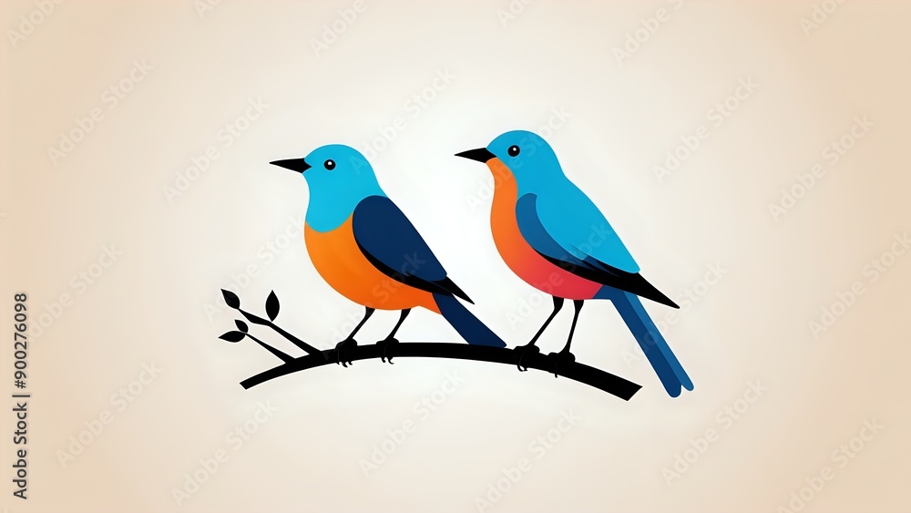 Fototapeta premium Two colorful birds perched on a branch, minimalist style.