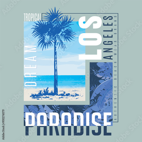 tropic style tee print Vector illustration for California Hawaii, Aloha, Ocean side fashion design, with palm tree silhouettes, typography, print, vector illustration. pants prints t and other uses,