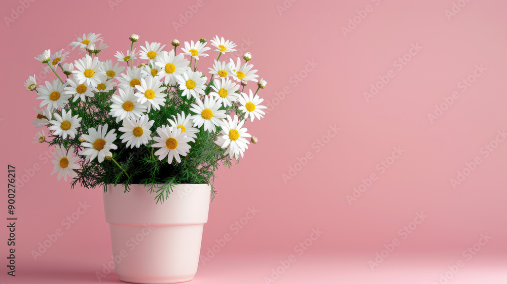 A beautiful potted daisy plant against a soft pink background, perfect for spring or floral themed projects. A beautiful potted daisy plant against a soft pink background, perfect for spring or floral themed projects.