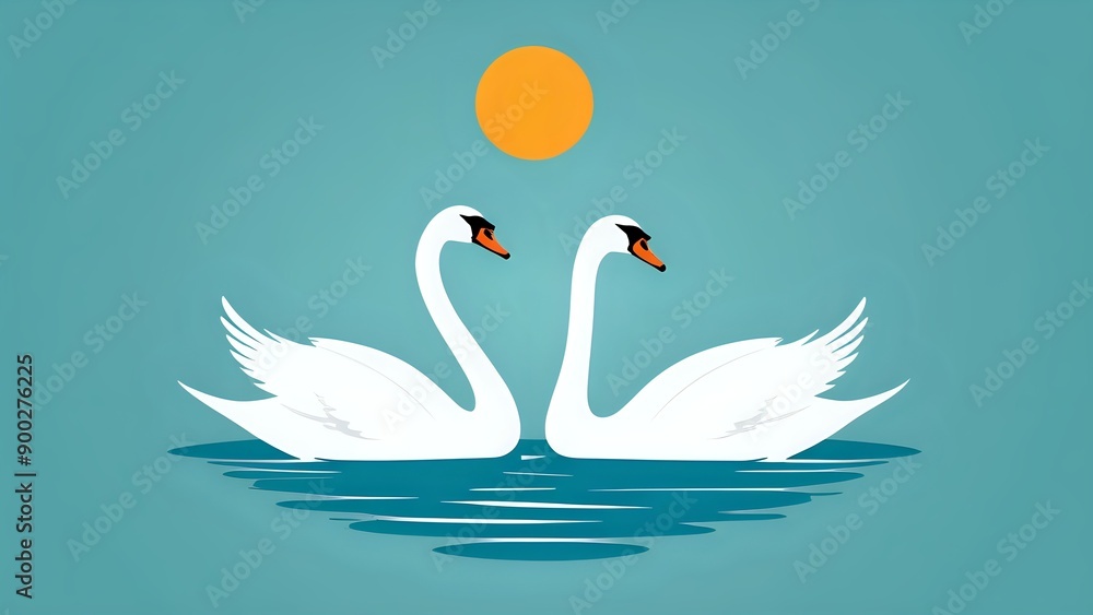 Fototapeta premium Two white swans on a blue lake with a yellow sun above.