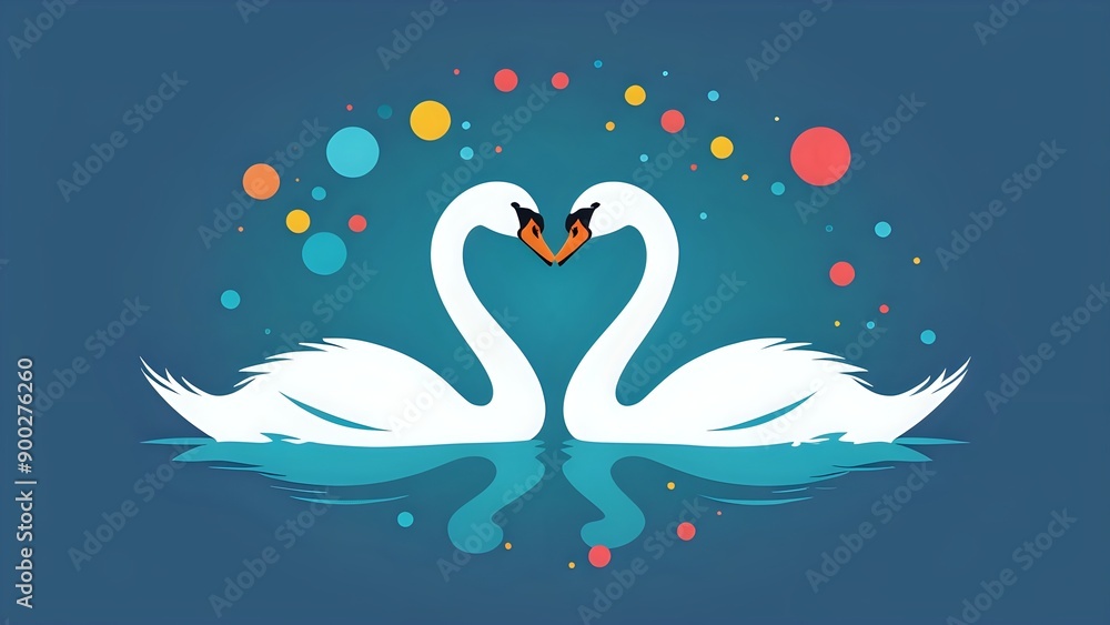 Two swans facing each other, forming a heart shape with their necks, on a blue background with colorful dots. Two swans facing each other, forming a heart shape with their necks, on a blue background with colorful dots.