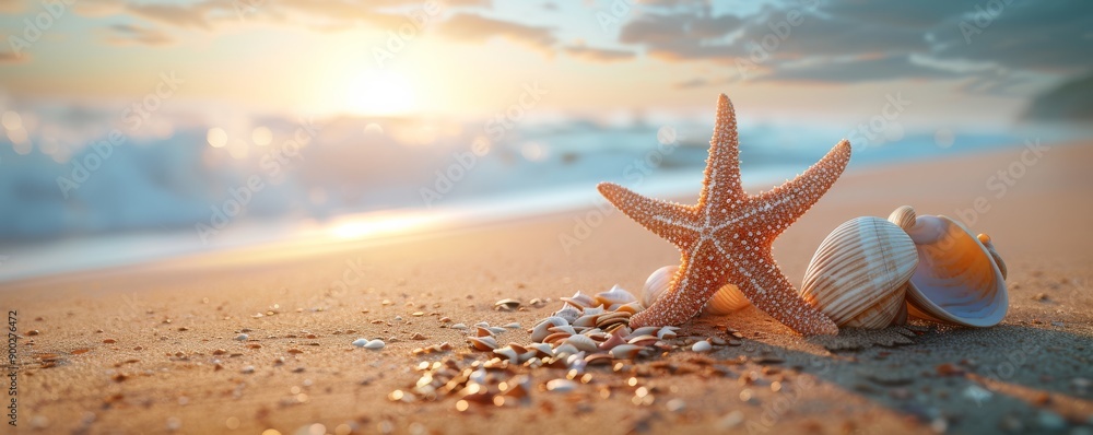 Beautiful beach scene at sunrise with starfish and seashells in the foreground and gentle waves in the background. Beautiful beach scene at sunrise with starfish and seashells in the foreground and gentle waves in the background.