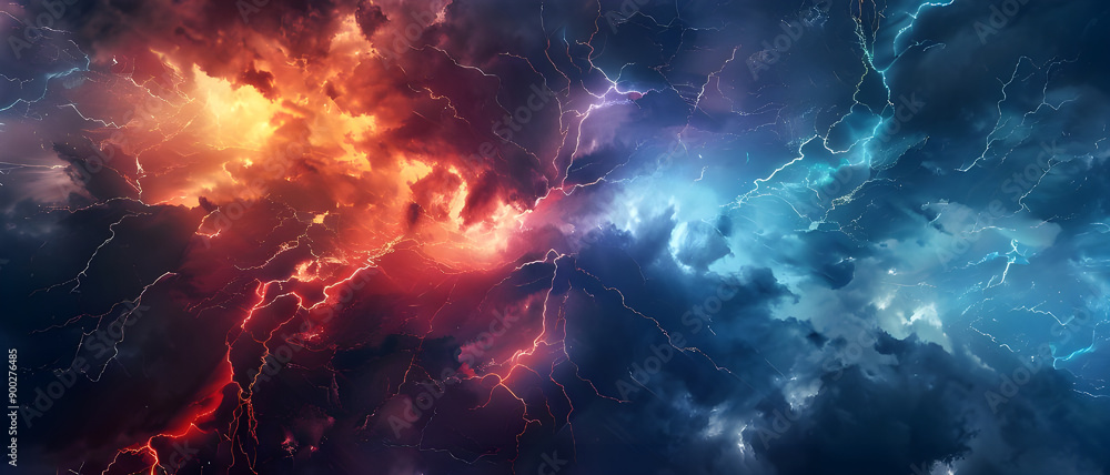 A dynamic clash of fiery red and cool blue lightning bolts illuminates the stormy sky in an electrifying display. A dynamic clash of fiery red and cool blue lightning bolts illuminates the stormy sky in an electrifying display.