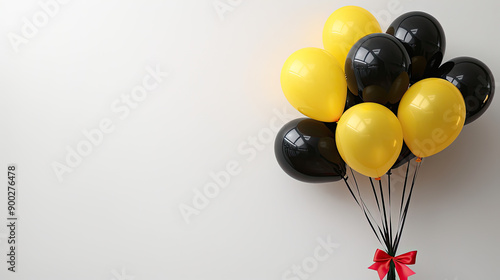 A vibrant cluster of yellow and black balloons tied with a red ribbon, perfect for celebrations and special occasions.