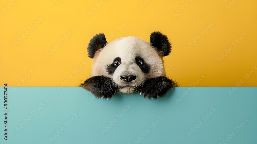 Cute Panda Peeking Over a Blue and Yellow Wall Cute Panda Peeking Over a Blue and Yellow Wall