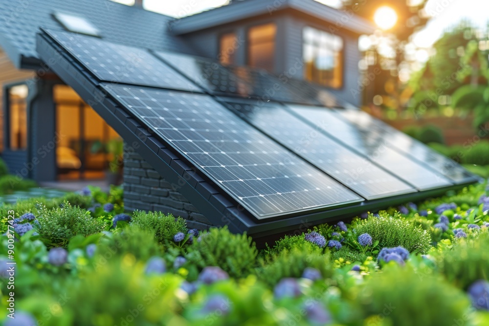Fototapeta premium Close-up of solar panels on a modern house roof, surrounded by lush green vegetation and purple flowers, with a warm sunset glow reflecting off the panels.