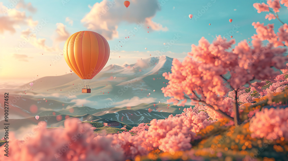 Fototapeta premium Cheerful 3D Cartoon Hot Air Balloon Soaring over Scenic Landscape with Copy Space