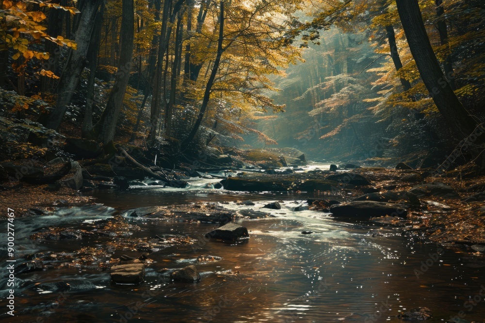A serene forest scene with a gentle stream flowing through tall trees A serene forest scene with a gentle stream flowing through tall trees