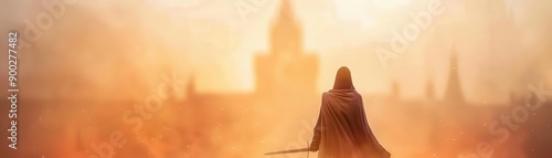 Silhouette of a cloaked figure wielding a sword, standing before a mysterious misty fortress at dawn, embodying fantasy and adventure.