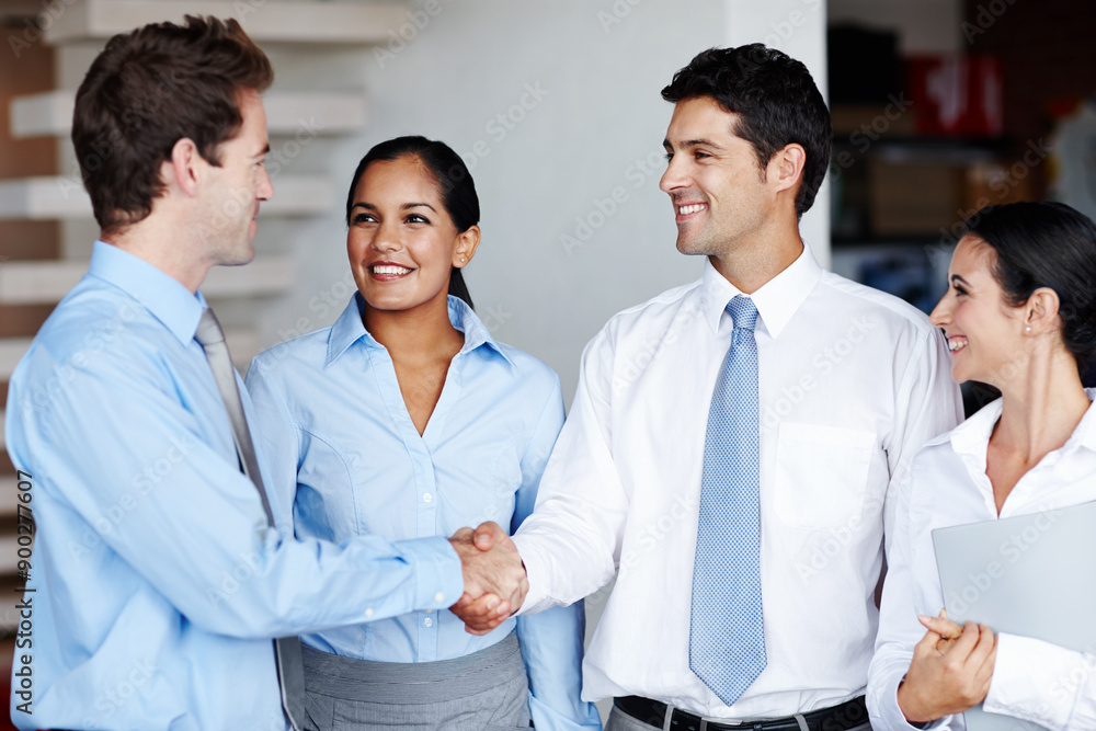 Business, people and shaking hands in teamwork office, employee and welcome greeting or thank you in workplace. Collaboration, support and hiring for company meeting, smile and happy for onboarding Business, people and shaking hands in teamwork office, employee and welcome greeting or thank you in workplace. Collaboration, support and hiring for company meeting, smile and happy for onboarding