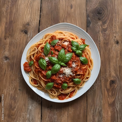 A top-down view of a delicious plate of spaghetti in a rich tomato sauce. The dish is garnished with fresh basil leaves and a sprinkle of grated parmesan cheese. 