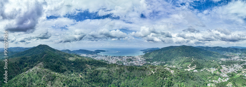 Aerial view panorama shot over Phuket island Thailand,Amazing nature landscape background