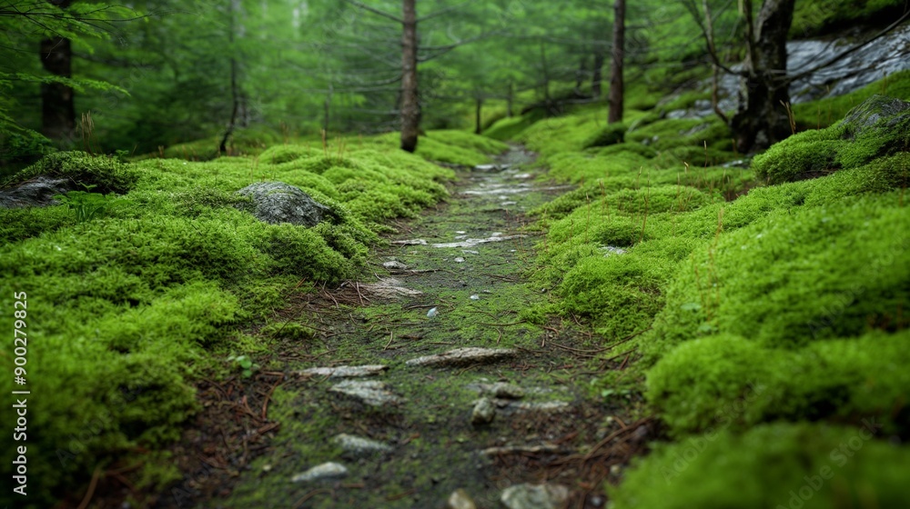 A ground-level view of a trail covered in moss, suggesting a soft and silent path for trekking, used in promoting serene hiking experiences. A ground-level view of a trail covered in moss, suggesting a soft and silent path for trekking, used in promoting serene hiking experiences.