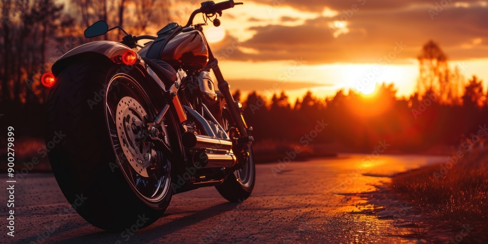 A motorcycle parked alongside a road during golden hour, suitable for use in travel or adventure photography A motorcycle parked alongside a road during golden hour, suitable for use in travel or adventure photography
