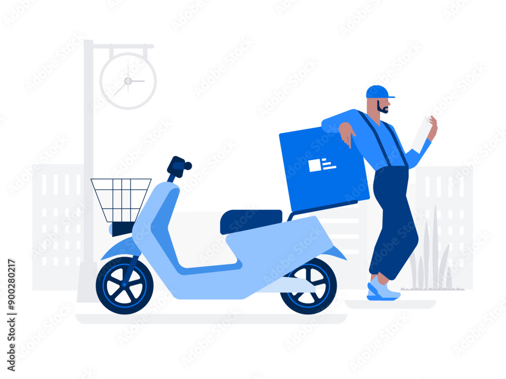 Deliveryman standing near a moped Deliveryman standing near a moped
