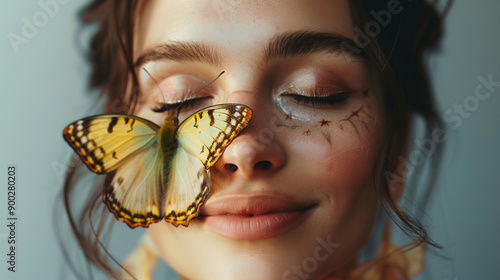 beautiful butterfly on girl's face