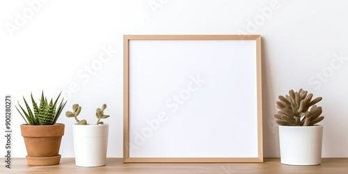 Empty mock poster frame and three flower pots on the table Artificial Intelligence Generated