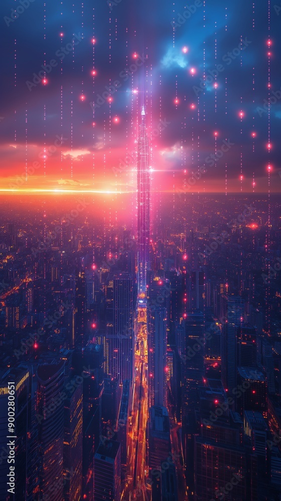 High-Tech Cityscape with Digital Lights at Sunset, Suitable for Urban Technology Visuals and Futuristic Art High-Tech Cityscape with Digital Lights at Sunset, Suitable for Urban Technology Visuals and Futuristic Art