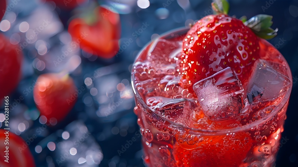 Close-up of a glass of strawberry juice with ice cubes and a fresh strawberry on the rim.
Close-up of a glass of strawberry juice with ice cubes and a fresh strawberry on the rim.
