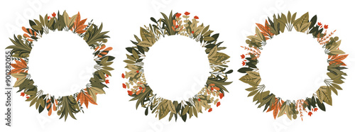 Set of vector round frames made of leaves, bushes and place for text. Natural foliage wreath with copy space isolated from background. Frame for invitations, cards and banners