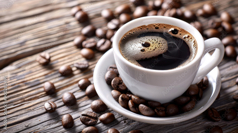 A cup of black coffee with coffee beans scattered around A cup of black coffee with coffee beans scattered around