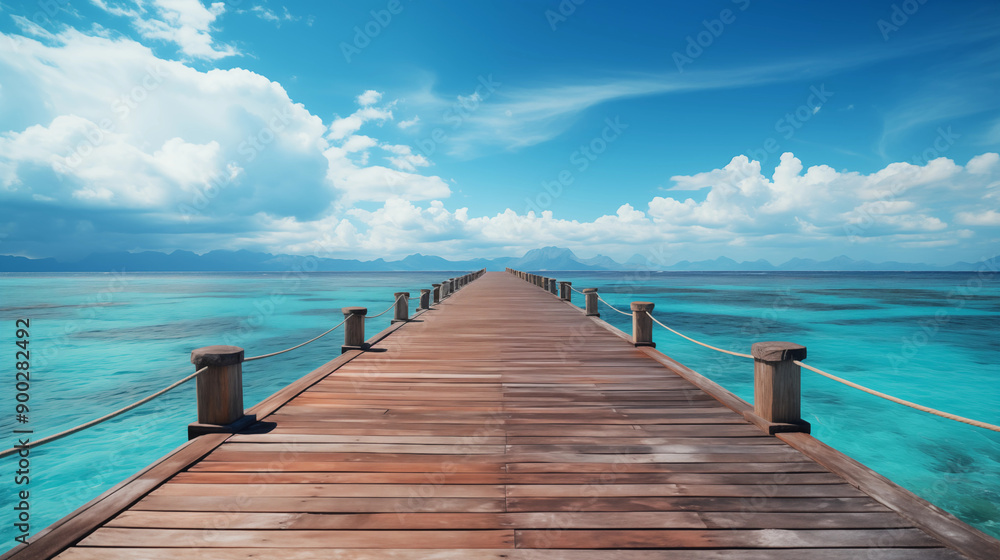 Fototapeta premium A wooden pier and bridge over the sea at sunset. Endless wooden jetty stretches across calm turquoise water towards the distant horizon